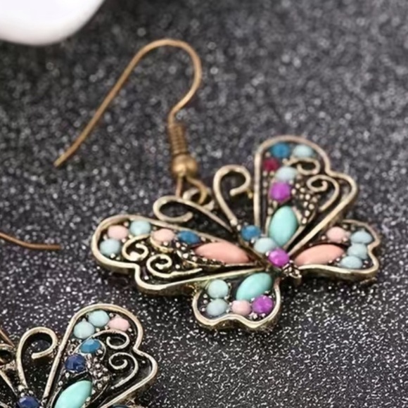 Colorful Gold Edge Butterfly Dangle Earrings - Picture 3 of 3